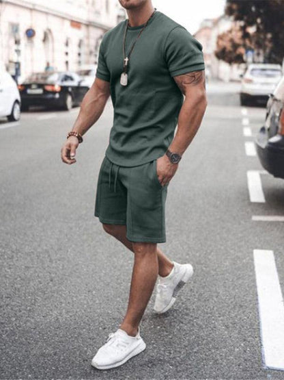 Solid Short-Sleeve Shorts Men Clothing Set-LeStyleParfait