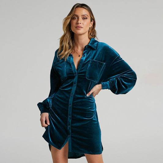 Velvet Shirt Dress - Balloon Sleeves