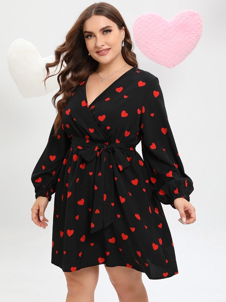 Allover Heart Print Belted Midi Dress - Dress - LeStyleParfait