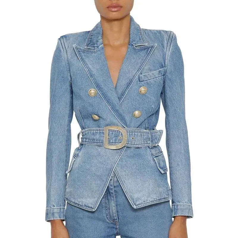 Belted Denim Blazer Women - Casual - Plain-Solid - Denim Blazer - LeStyleParfait