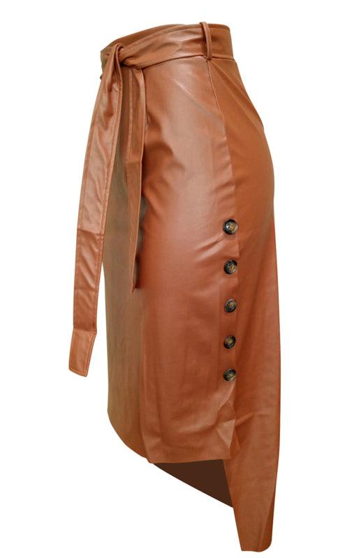 Belted Leather Pencil Midi Skirt with Slit - Leather Pencil Skirt - LeStyleParfait