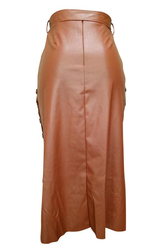 Belted Leather Pencil Midi Skirt with Slit - Leather Pencil Skirt - LeStyleParfait