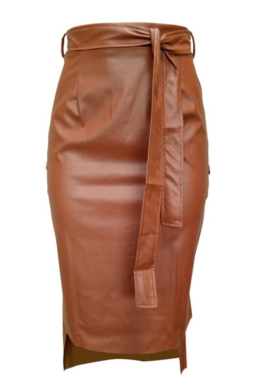 Belted Leather Pencil Midi Skirt with Slit - Leather Pencil Skirt - LeStyleParfait