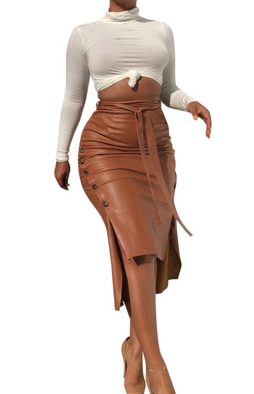 Belted Leather Pencil Midi Skirt with Slit - Leather Pencil Skirt - LeStyleParfait