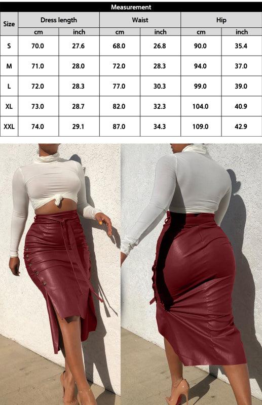 Belted Leather Pencil Midi Skirt with Slit - Leather Pencil Skirt - LeStyleParfait