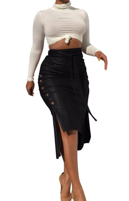 Belted Leather Pencil Midi Skirt with Slit - Leather Pencil Skirt - LeStyleParfait