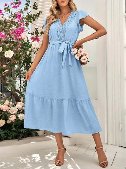 Belted Short Sleeve Maxi Dress-LeStyleParfait