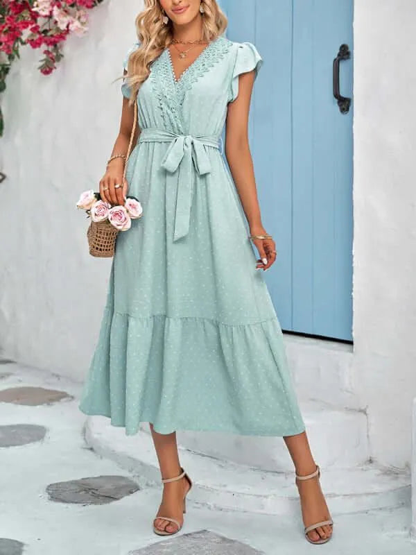 Belted Short Sleeve Maxi Dress-LeStyleParfait