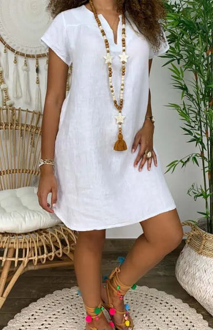 Casual Linen Short Sleeve Dress - Linen Dress - LeStyleParfait