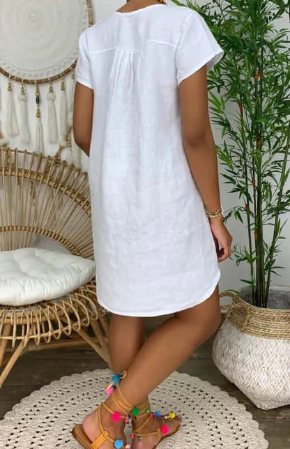 Casual Linen Short Sleeve Dress - Linen Dress - LeStyleParfait