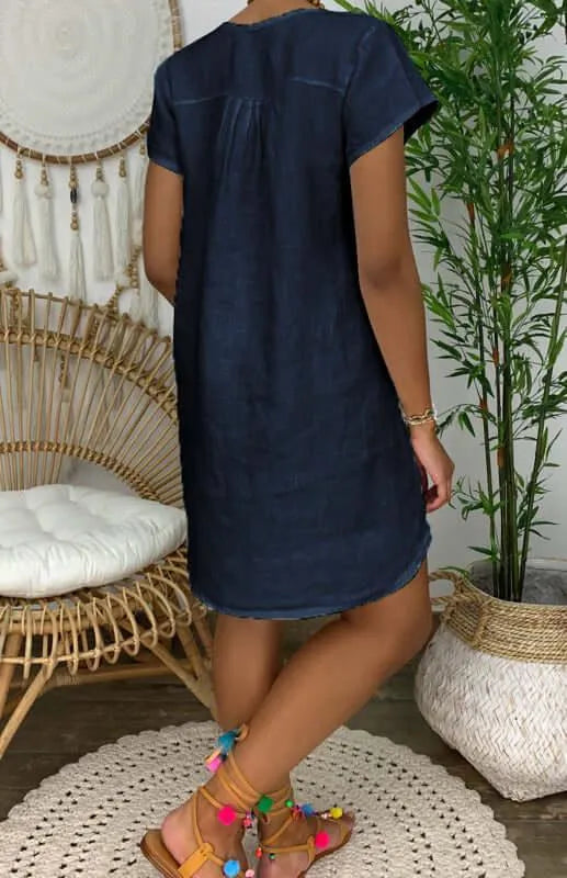 Casual Linen Short Sleeve Dress - Linen Dress - LeStyleParfait