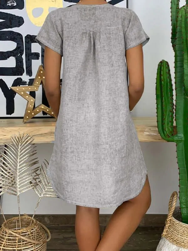 Casual Linen Short Sleeve Dress - Linen Dress - LeStyleParfait