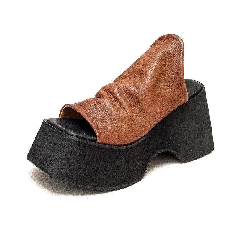 Chunky Heels Leather Wedge Sandals - Wedge Shoes - LeStyleParfait