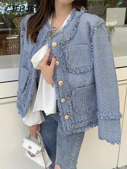 CJFHJE Tassel Elegant Short Tweed Jacket Women Blue Chic Winter Woolen Coats Female Korean Fashion Pockets Long Sleeve Outerwear - Tweed Blazer - LeStyleParfait