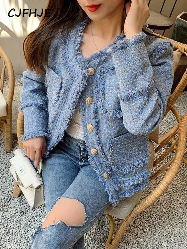 CJFHJE Tassel Elegant Short Tweed Jacket Women Blue Chic Winter Woolen Coats Female Korean Fashion Pockets Long Sleeve Outerwear - Tweed Blazer - LeStyleParfait