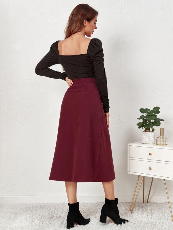 Corduroy High Waisted Midi Skirt - High Waisted Midi Skirt - LeStyleParfait