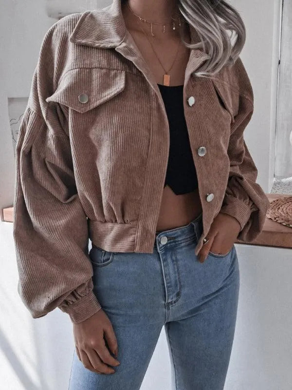 Corduroy Lantern Sleeves Women’s Crop Jacket - Crop Jacket - LeStyleParfait