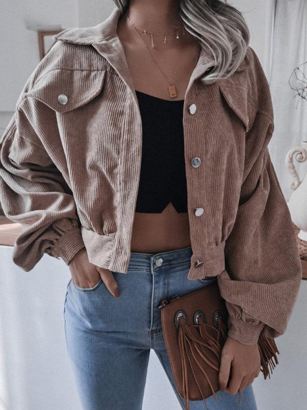 Corduroy Lantern Sleeves Women’s Crop Jacket-Crop Jacket-LeStyleParfait