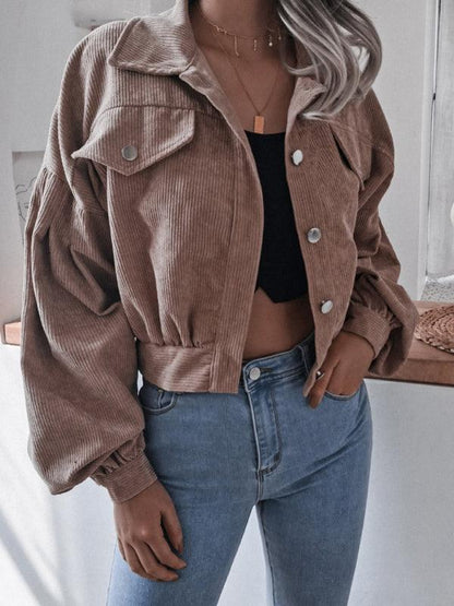 Corduroy Lantern Sleeves Women’s Crop Jacket-Crop Jacket-LeStyleParfait