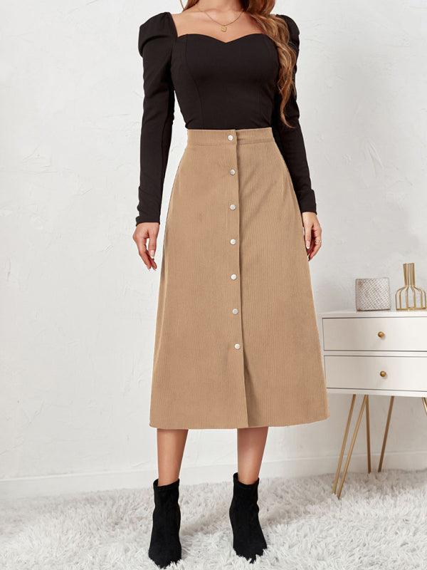 Corduroy Skirt Single Breasted High Waisted Skirt - - LeStyleParfait