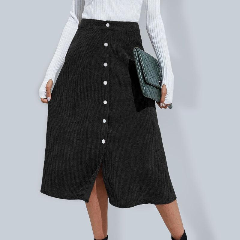 Corduroy Skirt Single Breasted High Waisted Skirt - - LeStyleParfait