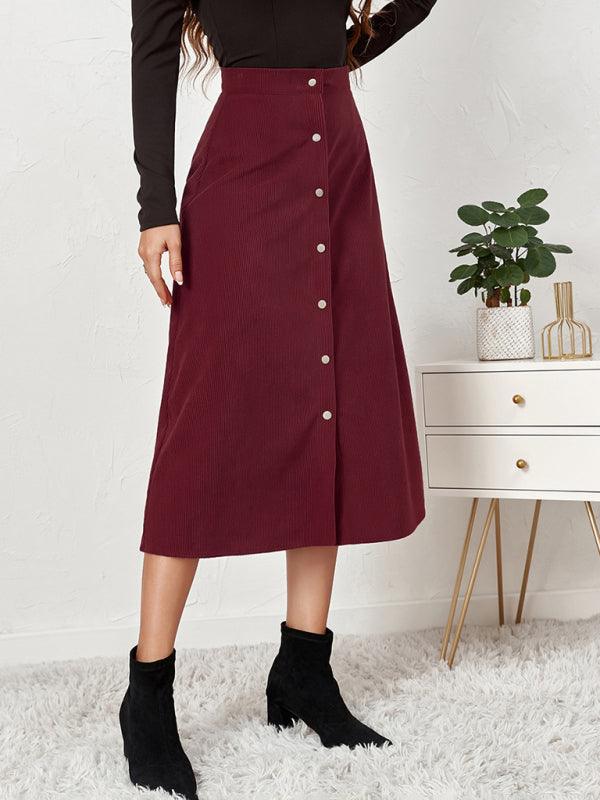 Corduroy Skirt Single Breasted High Waisted Skirt - - LeStyleParfait