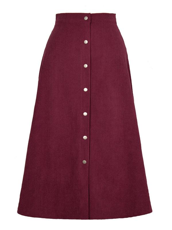 Corduroy Skirt Single Breasted High Waisted Skirt - - LeStyleParfait