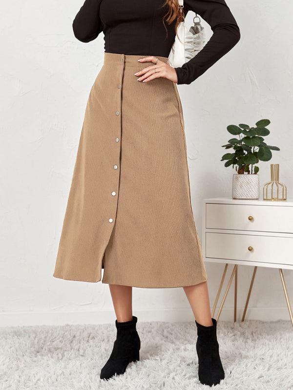 Corduroy Skirt Single Breasted High Waisted Skirt - - LeStyleParfait