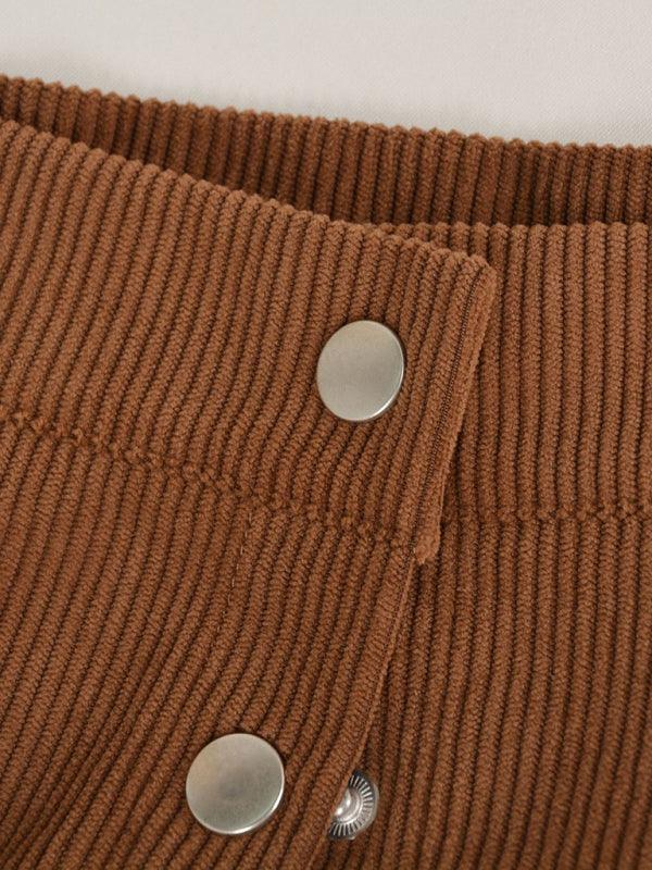 Corduroy Skirt Single Breasted High Waisted Skirt - - LeStyleParfait