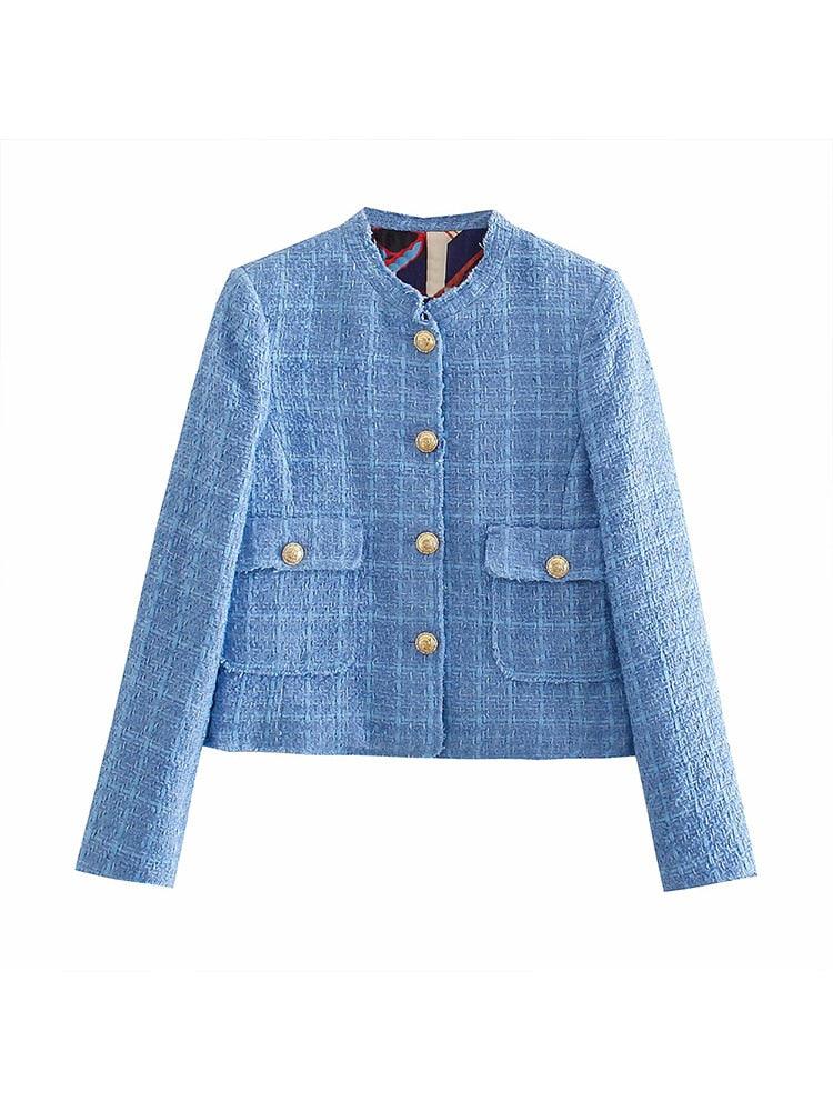 Cropped Tweed Jacket Blazer, Blue - Tweed Blazer - LeStyleParfait