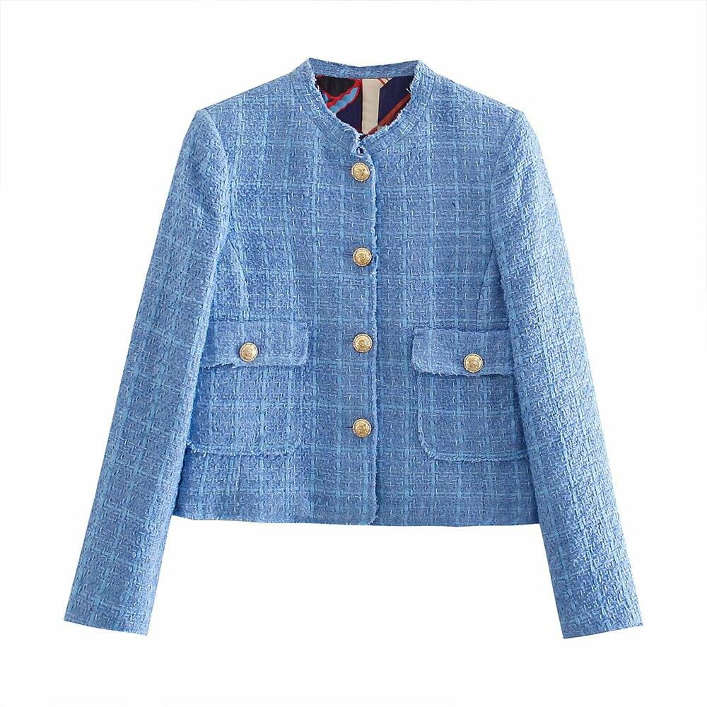 Cropped Tweed Jacket Blazer, Blue - Tweed Blazer - LeStyleParfait