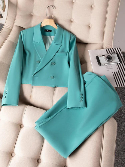 Double-Breasted Crop Blazer Women Pant Suit - Pantsuit - LeStyleParfait