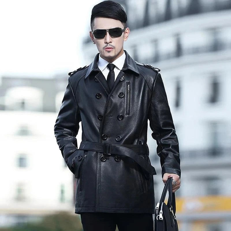 Double-Breasted Leather Trench Coat Men - Trench Coat - LeStyleParfait