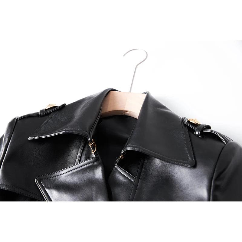 Double-Breasted Leather Women's Trench Overcoat - Trench Overcoat - LeStyleParfait