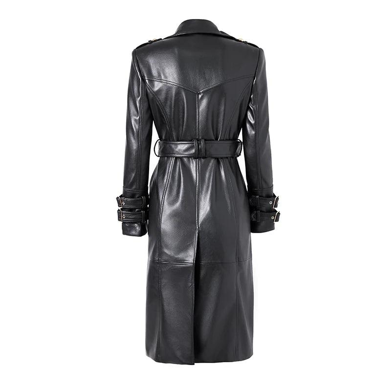 Double-Breasted Leather Women's Trench Overcoat - Trench Overcoat - LeStyleParfait