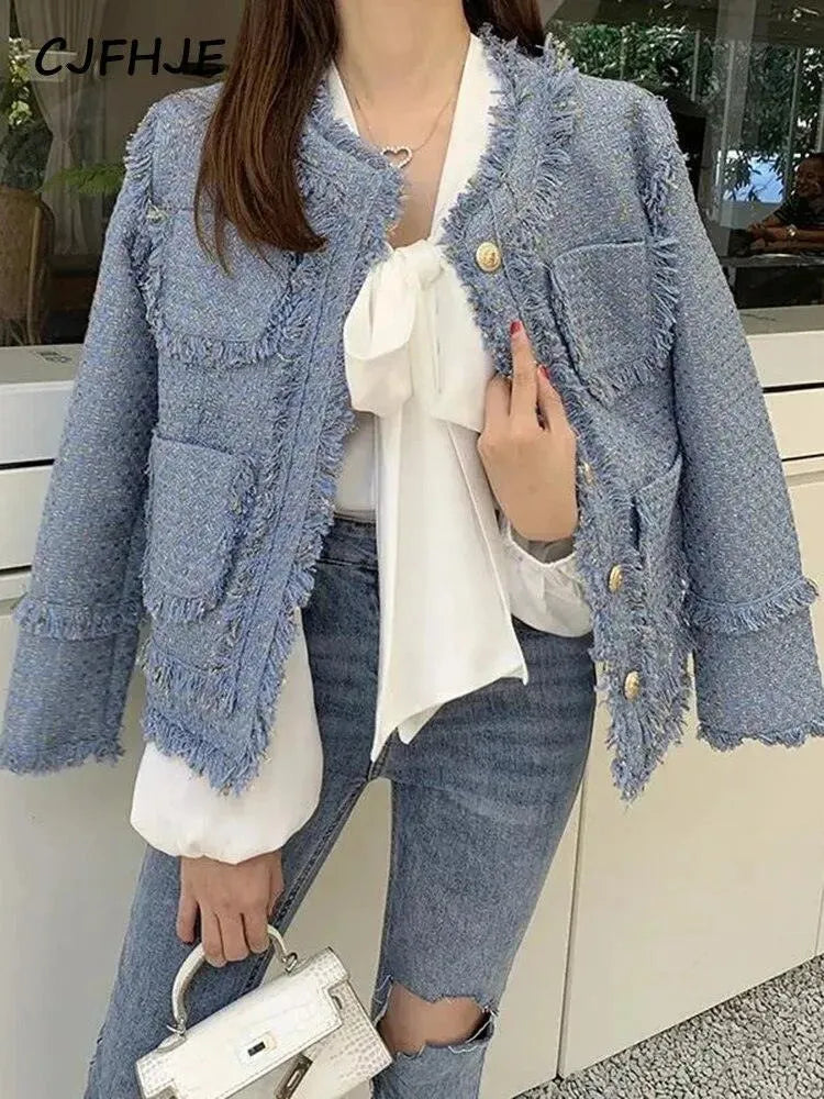 Elegant Blue Tassel Tweed Jacket Women - Tweed Blazer - LeStyleParfait