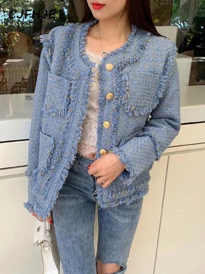 Elegant Blue Tassel Tweed Jacket Women - Tweed Blazer - LeStyleParfait