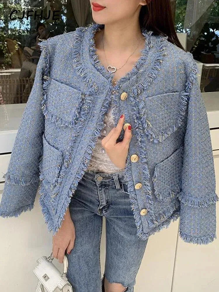 Elegant Blue Tassel Tweed Jacket Women - Tweed Blazer - LeStyleParfait