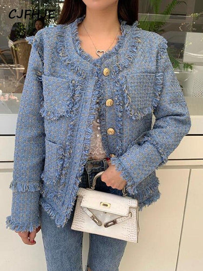 Elegant Blue Tassel Tweed Jacket Women - Tweed Blazer - LeStyleParfait