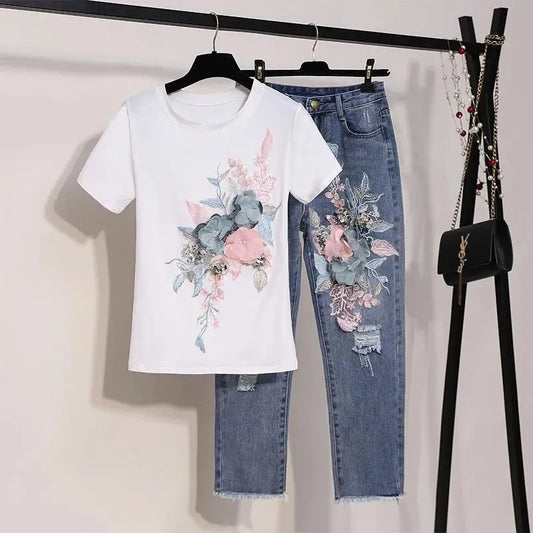 Embroidered Floral Jeans Outfit Set - Clothing Set - LeStyleParfait