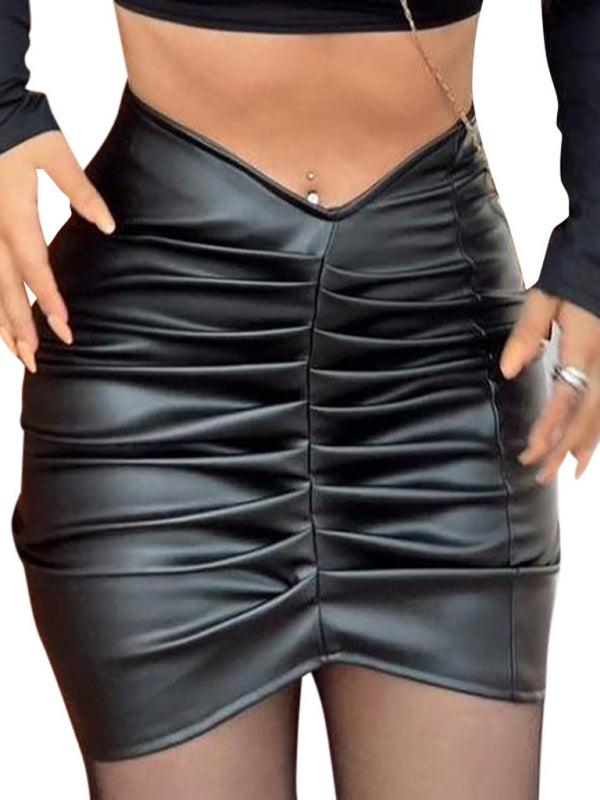 Fashion Temperament Solid Color Pleated PU Bag Hip Skirt Female Skirt - - LeStyleParfait