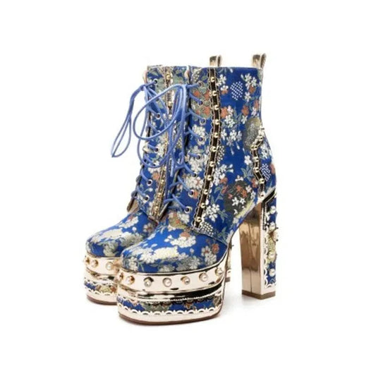 Floral High Heel Platforms Boots - Boots - LeStyleParfait