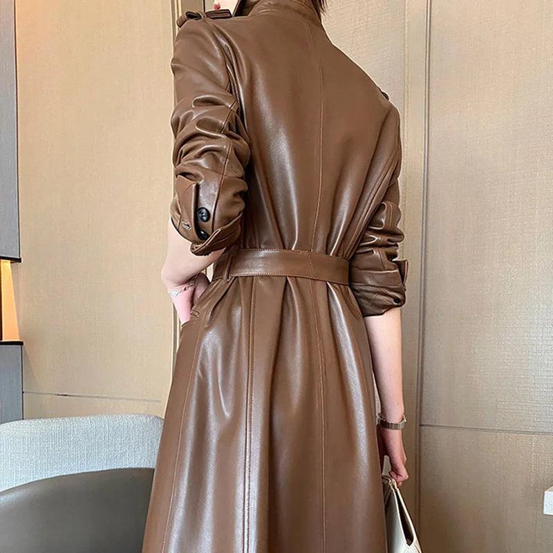 Genuine Leather Women's Trench Overcoat - Trench Coat - LeStyleParfait