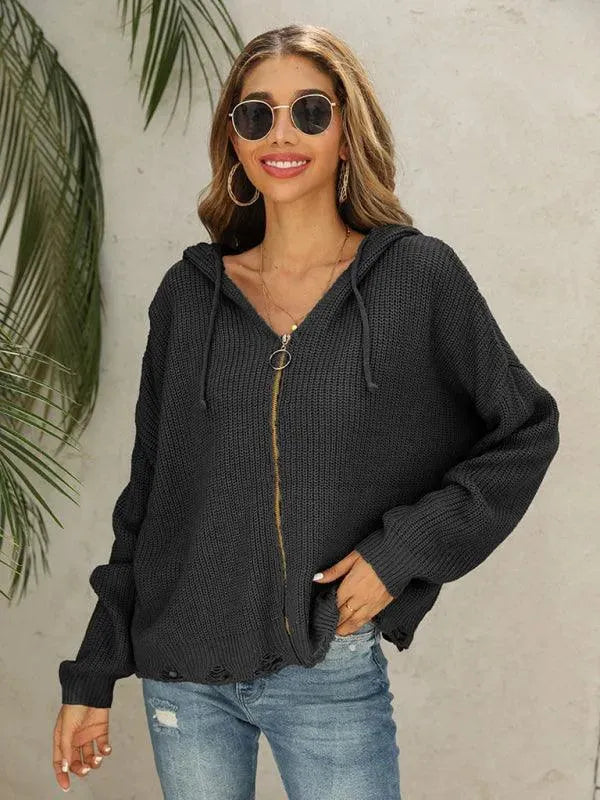 Hooded Hole Women Cardigan Sweater - Cardigan Sweater - LeStyleParfait