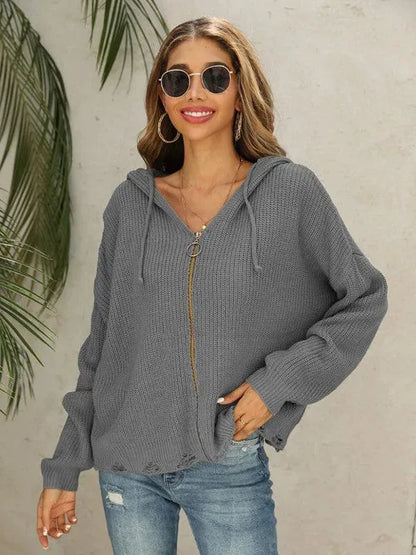 Hooded Hole Women Cardigan Sweater - Cardigan Sweater - LeStyleParfait