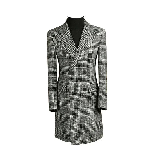 LeStyleParfait Men's Coats Houndstooth Coat, Tweed Coat, Winter Coat Double-Breasted V-Neck Long Sleeves Plain-Solid-Winter Coat