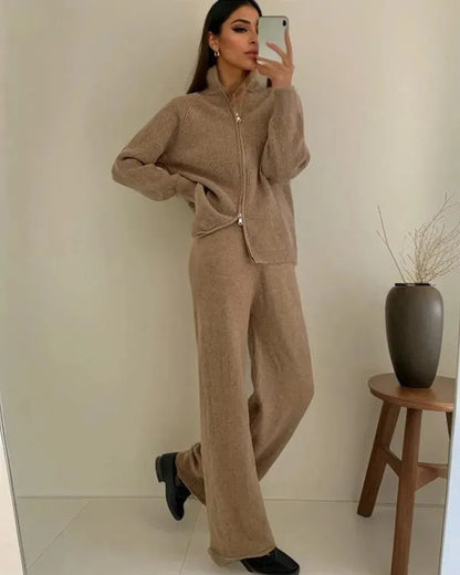 Knitted Zipper Cardigan Women Pants Sweater Set - Clothing Set - LeStyleParfait