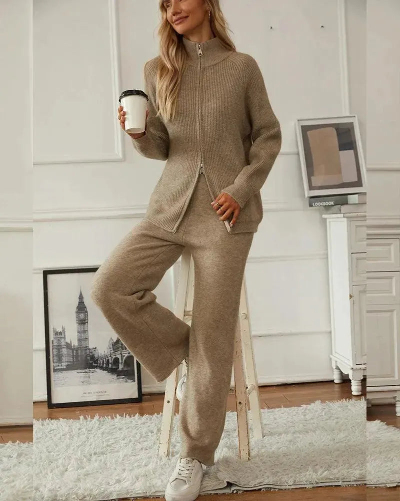 Knitted Zipper Cardigan Women Pants Sweater Set - Clothing Set - LeStyleParfait