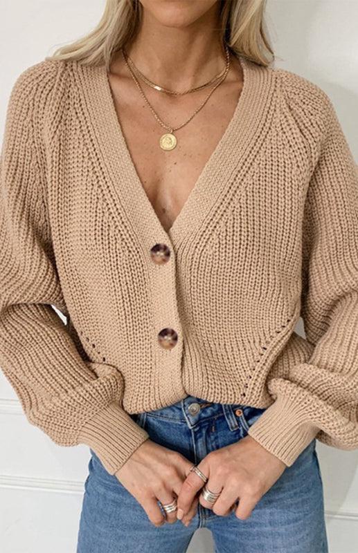 Lantern Sleeve Button Women Cardigan Sweater - Cardigan Sweater - LeStyleParfait