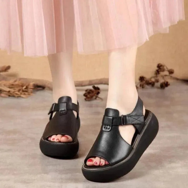 Leather Open-Toe Wedge Sandals - Wedge Shoes - LeStyleParfait